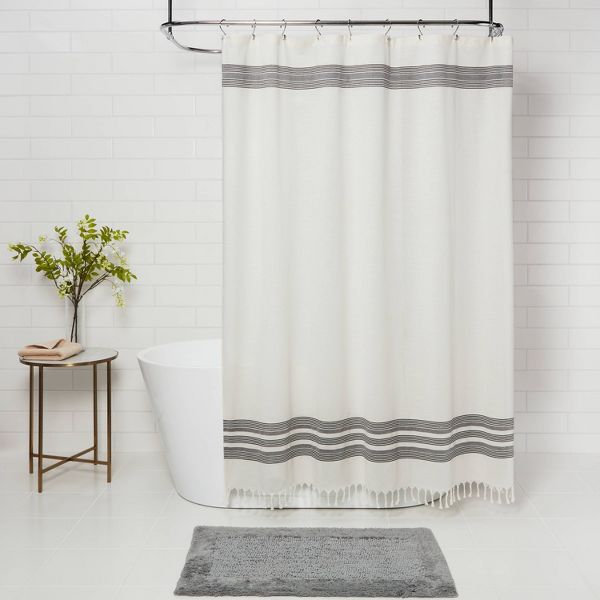 Solid Shower Curtain Cream with Black Stripe and Fringe - Threshold™