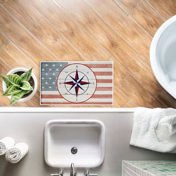 Nautical Flag with Compass Printed Plush Bathroom Floor Mat, 30" x 18", Made in USA, Ready for Hanging, By Kim Allen