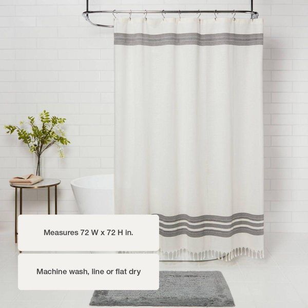 Solid Shower Curtain Cream with Black Stripe and Fringe - Threshold™