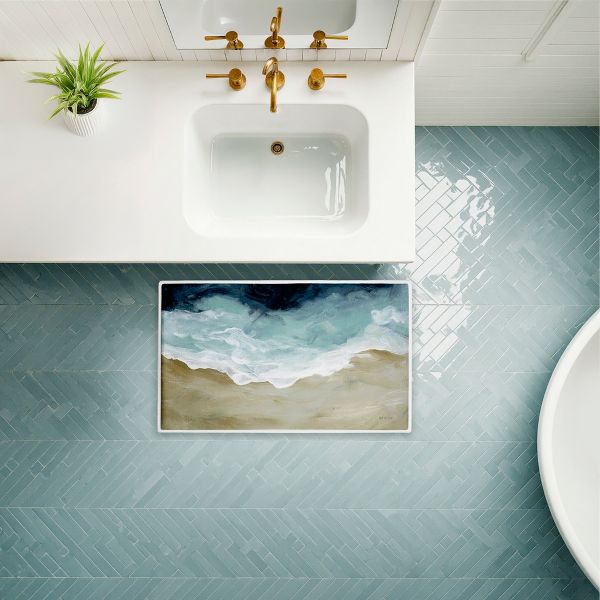 Aerial Beachscape Impression Printed Plush Bathroom Floor Mat, 30" x 18", Made in USA, Ready for Hanging, By Yvette St. Amant