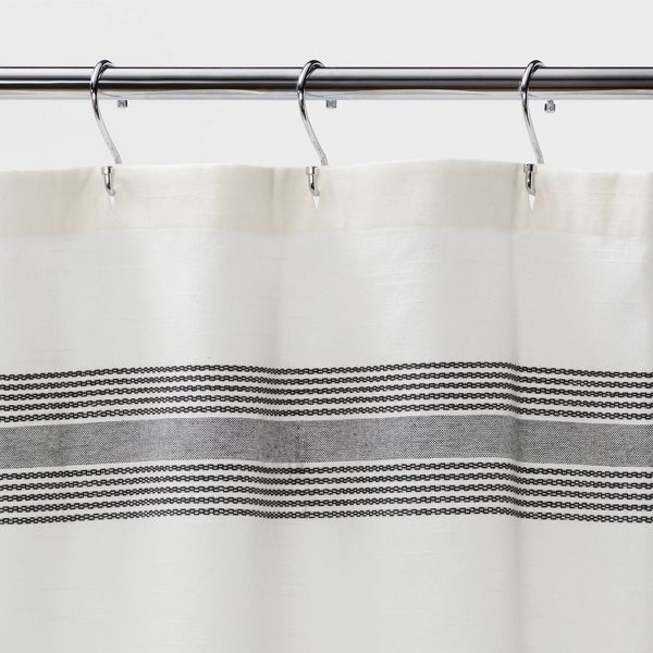 Solid Shower Curtain Cream with Black Stripe and Fringe - Threshold™