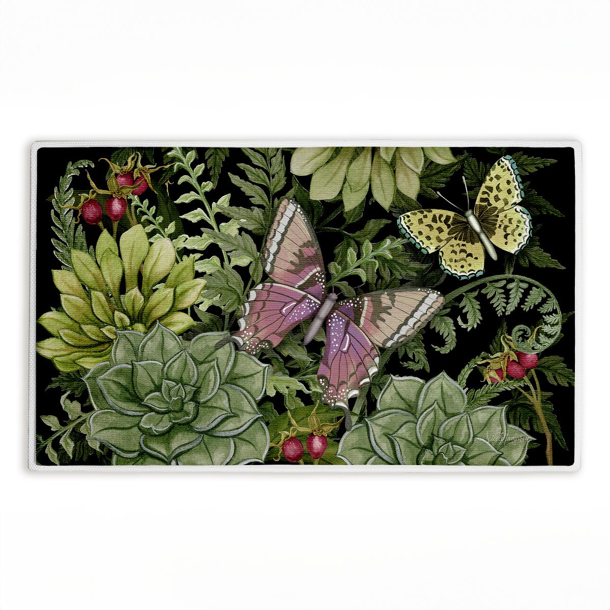 Dark Succulents Midnight Garden Printed Plush Bathroom Floor Mat, 30" x 18", Made in USA, Ready for Hanging, By Nicole Tamarin