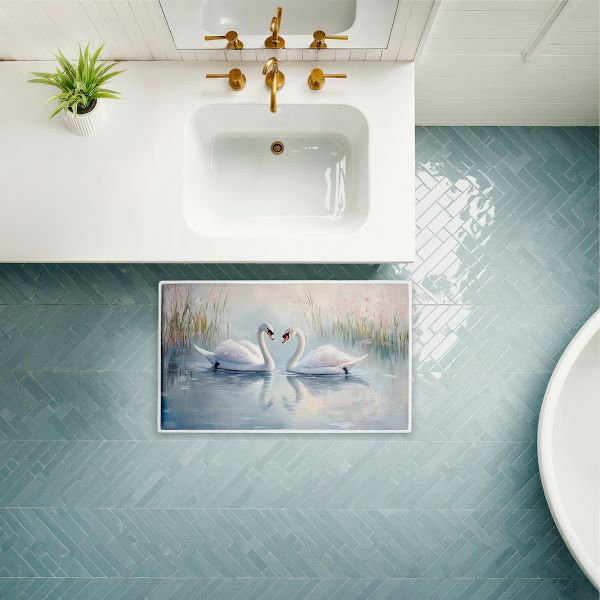 Twin Swan Reflections Printed Plush Bathroom Floor Mat, 30" x 18", Made in USA, Ready for Hanging, By Petals Prints Design