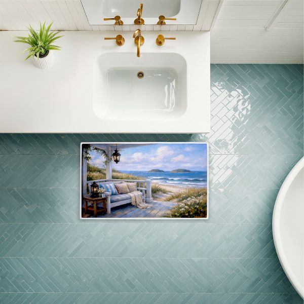 Seaside Relaxation on Patio Printed Plush Bathroom Floor Mat, 30" x 18", Made in USA, Ready for Hanging, By Tabz Jones