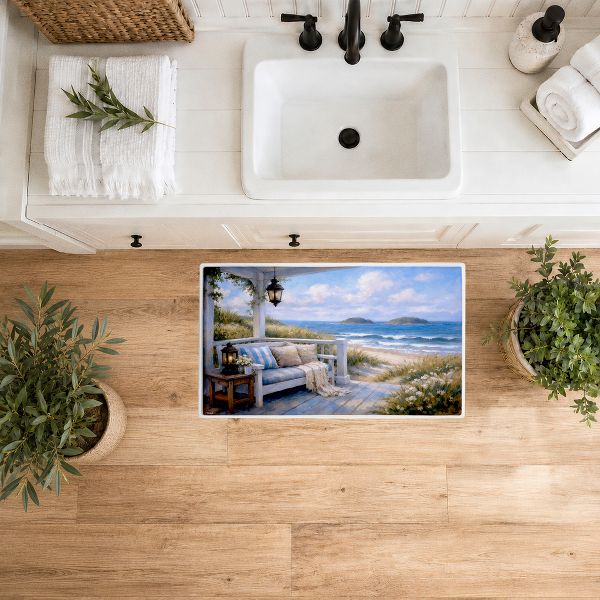 Seaside Relaxation on Patio Printed Plush Bathroom Floor Mat, 30" x 18", Made in USA, Ready for Hanging, By Tabz Jones