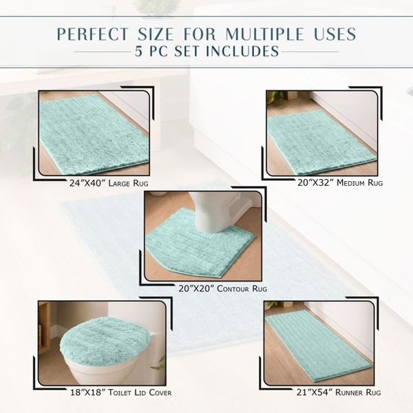 Elegance 5 Piece Bathroom Rug Set, Plush Microfiber Bath Mats, Rubber Backing, 20x20 Contour, 18x18 Lid Cover, 20x32, 24x40, 21x54, Turquoise
