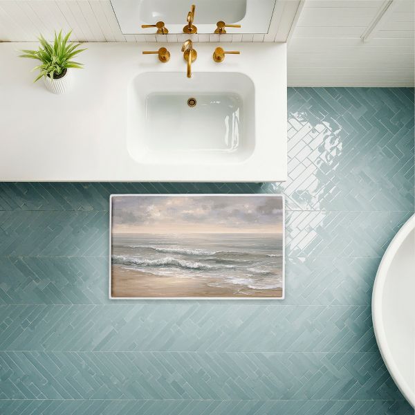 Rolling Waves Lapping Shore Printed Plush Bathroom Floor Mat, 30" x 18", Made in USA, Ready for Hanging, By Jacky Ngan
