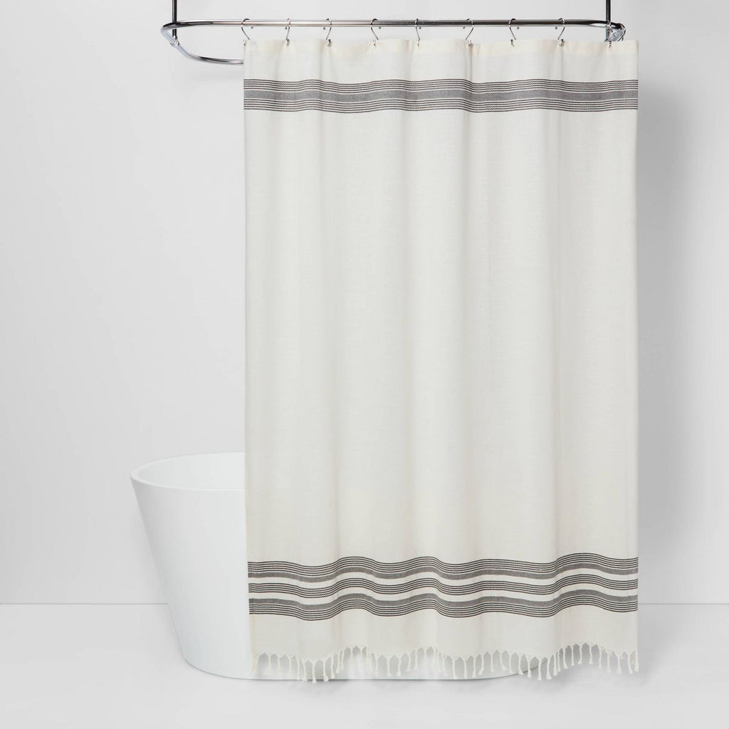 Solid Shower Curtain Cream with Black Stripe and Fringe - Threshold™