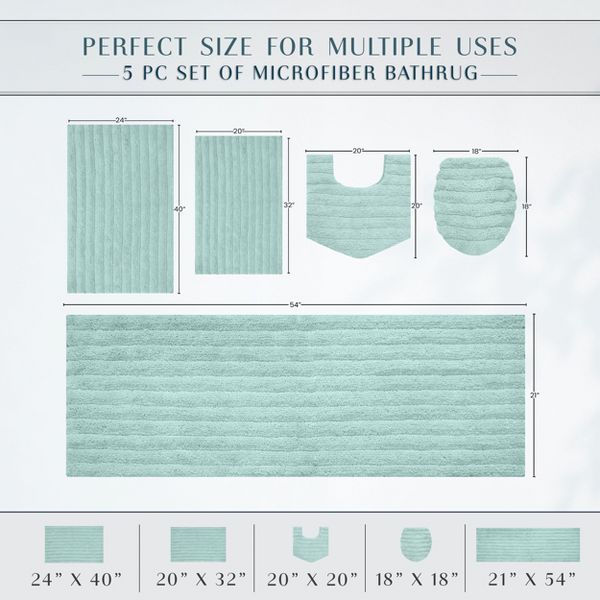 Elegance 5 Piece Bathroom Rug Set, Plush Microfiber Bath Mats, Rubber Backing, 20x20 Contour, 18x18 Lid Cover, 20x32, 24x40, 21x54, Turquoise