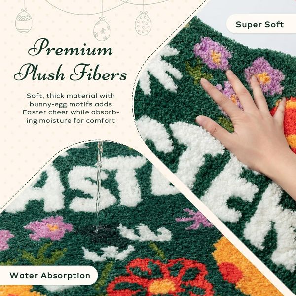 Easter Bathroom Rug, Flower and Egg Soft Tufted Absorbent Bath Mat for Easter Decor, Deep Green Area Rugs for Front Door, Living Room Bedroom, Kitchen