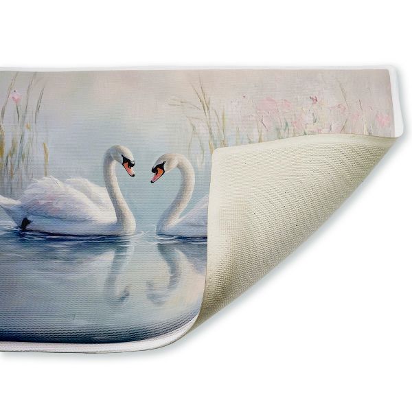 Twin Swan Reflections Printed Plush Bathroom Floor Mat, 30" x 18", Made in USA, Ready for Hanging, By Petals Prints Design