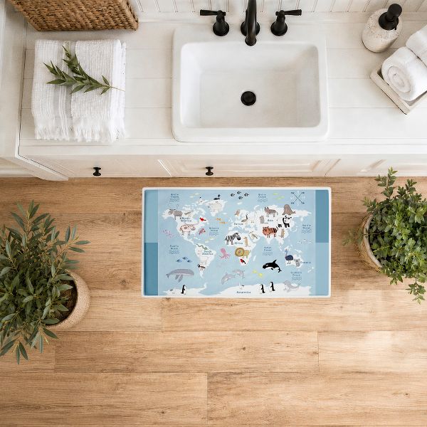 Animal World Map Education Printed Plush Bathroom Floor Mat, 30" x 18", Made in USA, Ready for Hanging, By Carla Daly