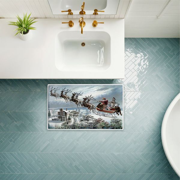 Santa Sleigh over Farmhouse Printed Plush Bathroom Floor Mat, 30" x 18", Made in USA, Ready for Hanging, By Arlington Prints