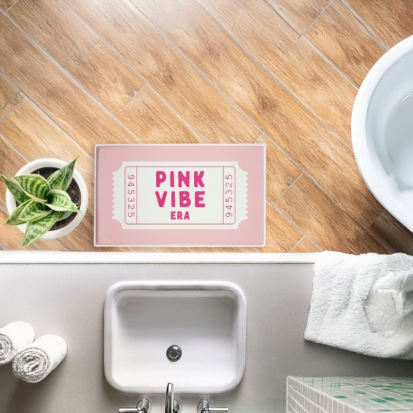 Pink Vibe Era Ticket Printed Plush Bathroom Floor Mat, 30" x 18", Made in USA, Ready for Hanging, By Lettered and Lined