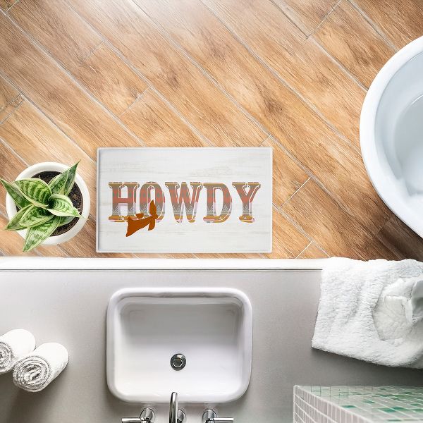 Howdy with Brown Bandana Printed Plush Bathroom Floor Mat, 30" x 18", Made in USA, Ready for Hanging, By Kim Allen