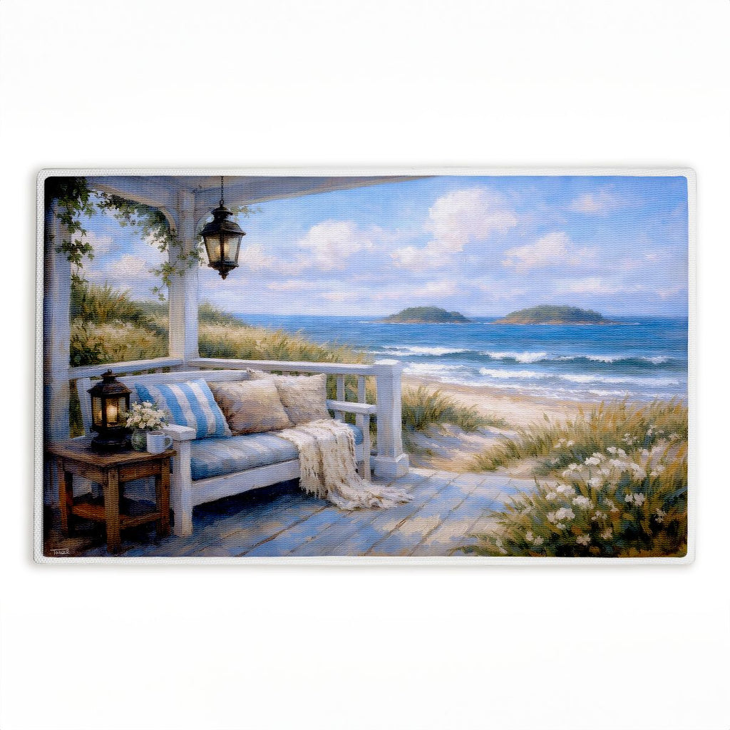 Seaside Relaxation on Patio Printed Plush Bathroom Floor Mat, 30" x 18", Made in USA, Ready for Hanging, By Tabz Jones