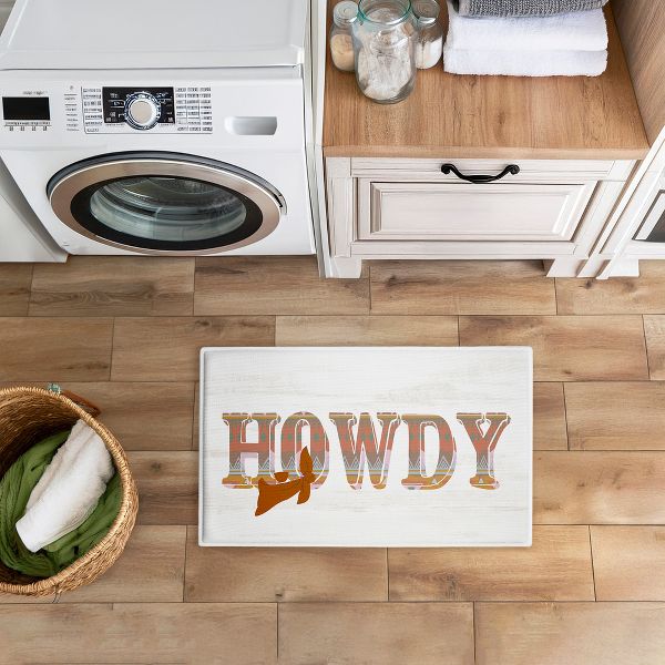 Howdy with Brown Bandana Printed Plush Bathroom Floor Mat, 30" x 18", Made in USA, Ready for Hanging, By Kim Allen