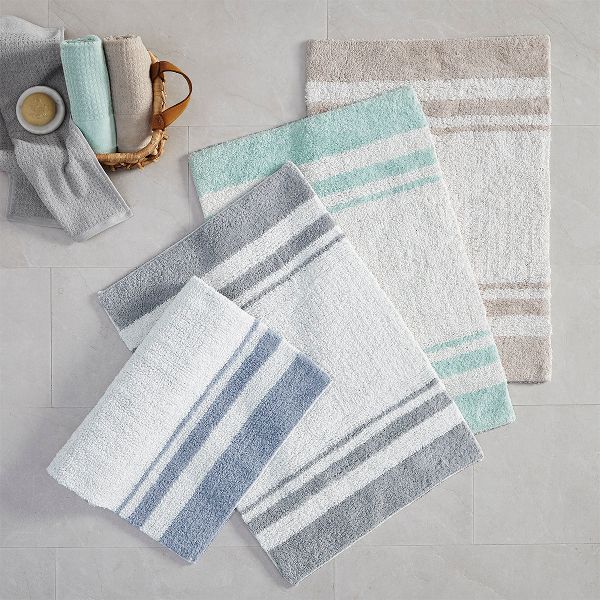 20x30 Inch Reversible Cotton Bath Rug Striped Design Absorbent Luxurious Soft Pile with Loop Border for Bathroom