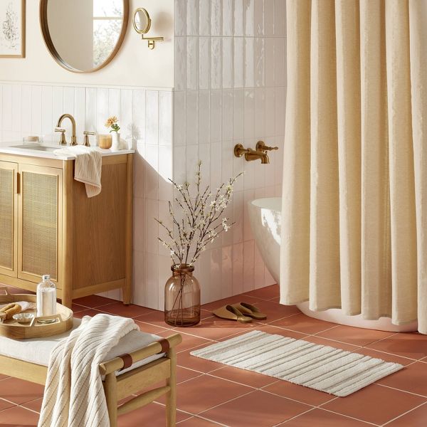 20"x32" Chunky Stripe Bath Rug Cream/Taupe - Hearth & Hand™ with Magnolia: Cotton Woven, Machine Washable, No Backing