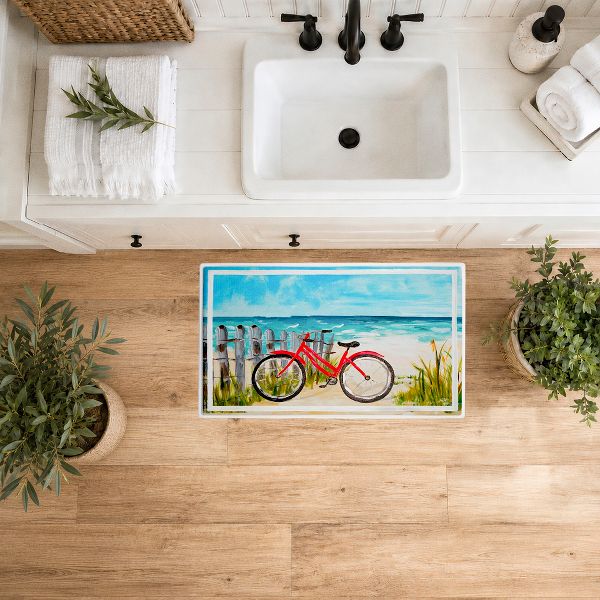 Coastal Rides on Bicycle Printed Plush Bathroom Floor Mat, 30" x 18", Made in USA, Ready for Hanging, By Julie DeRice