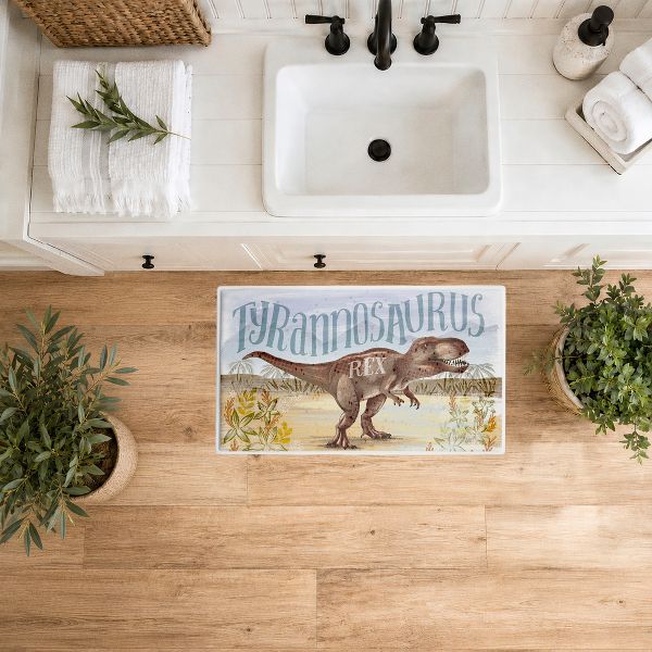 Kid's T-Rex Dinosaur Printed Plush Bathroom Floor Mat, 30" x 18", Made in USA, Ready for Hanging, By Raquel Maciel