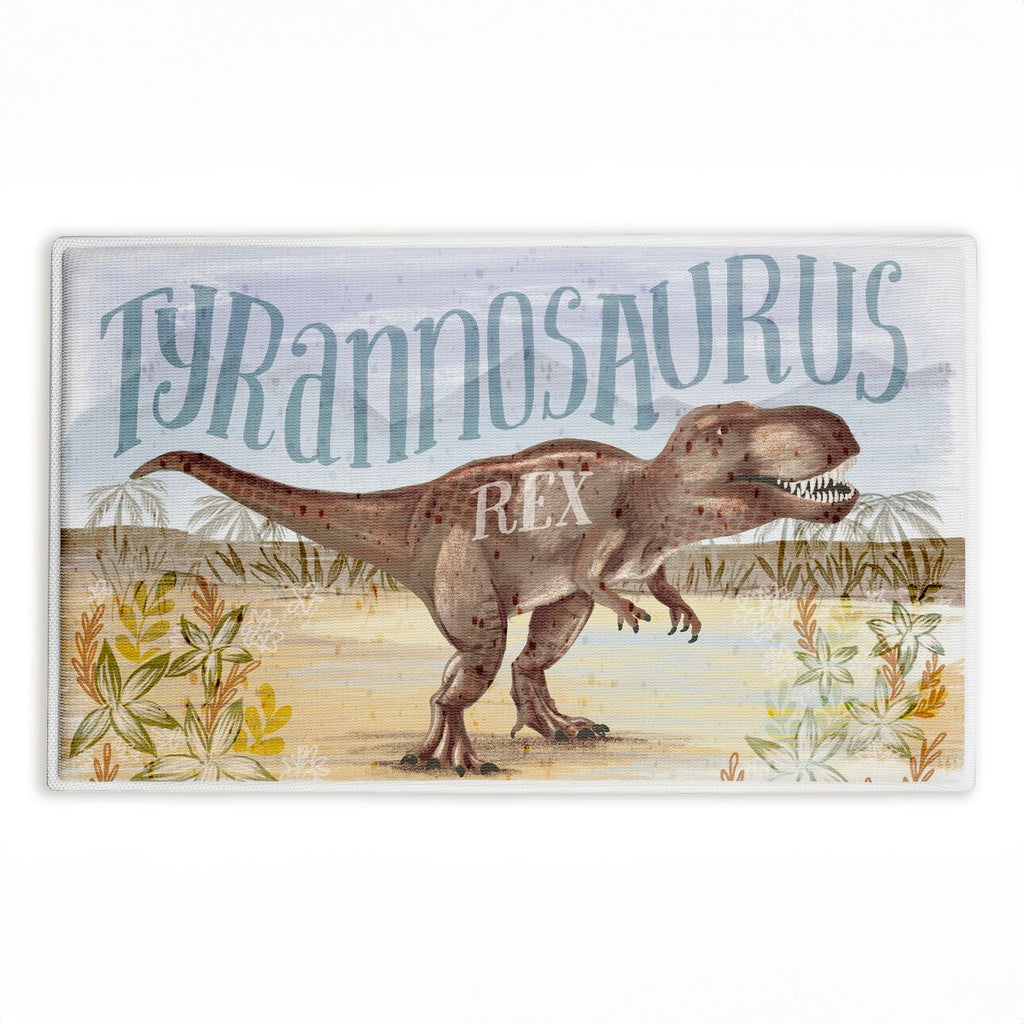 Kid's T-Rex Dinosaur Printed Plush Bathroom Floor Mat, 30" x 18", Made in USA, Ready for Hanging, By Raquel Maciel