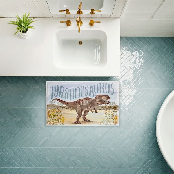 Kid's T-Rex Dinosaur Printed Plush Bathroom Floor Mat, 30" x 18", Made in USA, Ready for Hanging, By Raquel Maciel