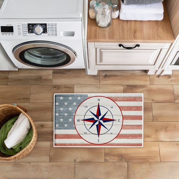Nautical Flag with Compass Printed Plush Bathroom Floor Mat, 30" x 18", Made in USA, Ready for Hanging, By Kim Allen