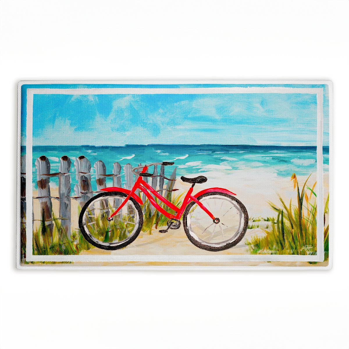 Coastal Rides on Bicycle Printed Plush Bathroom Floor Mat, 30" x 18", Made in USA, Ready for Hanging, By Julie DeRice