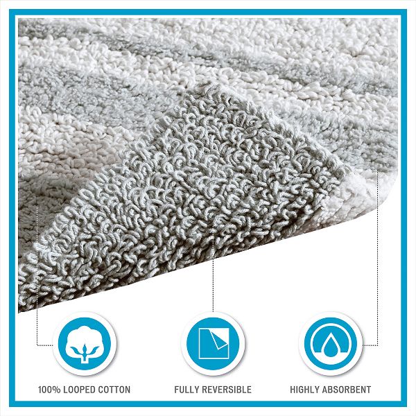 20x30 Inch Reversible Cotton Bath Rug Striped Design Absorbent Luxurious Soft Pile with Loop Border for Bathroom