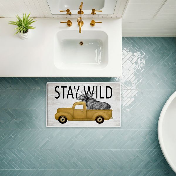 Stay Wild Moose Tailgate Printed Plush Bathroom Floor Mat, 30" x 18", Made in USA, Ready for Hanging, By Lettered and Lined