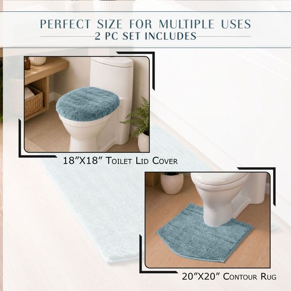 Elegance 2 Piece Bathroom Rug Set, Plush Quick-Dry Microfiber Bath Mats, Washable, Rubber Backing, 20x20 Contour, 18x18 Lid Cover, Blue