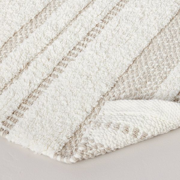 20"x32" Chunky Stripe Bath Rug Cream/Taupe - Hearth & Hand™ with Magnolia: Cotton Woven, Machine Washable, No Backing