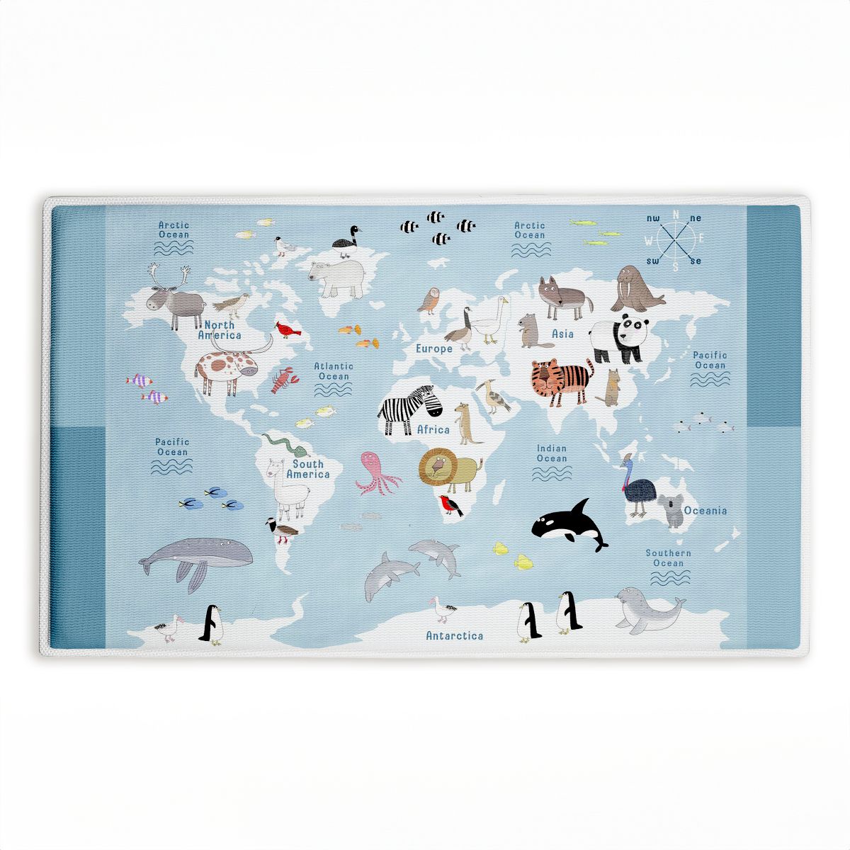 Animal World Map Education Printed Plush Bathroom Floor Mat, 30" x 18", Made in USA, Ready for Hanging, By Carla Daly