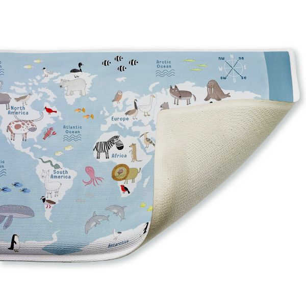Animal World Map Education Printed Plush Bathroom Floor Mat, 30" x 18", Made in USA, Ready for Hanging, By Carla Daly