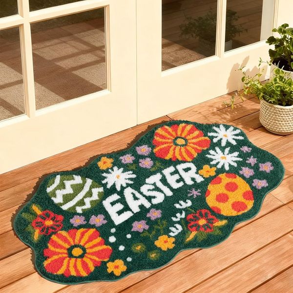 Easter Bathroom Rug, Flower and Egg Soft Tufted Absorbent Bath Mat for Easter Decor, Deep Green Area Rugs for Front Door, Living Room Bedroom, Kitchen