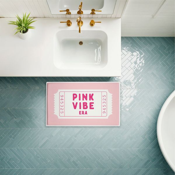 Pink Vibe Era Ticket Printed Plush Bathroom Floor Mat, 30" x 18", Made in USA, Ready for Hanging, By Lettered and Lined