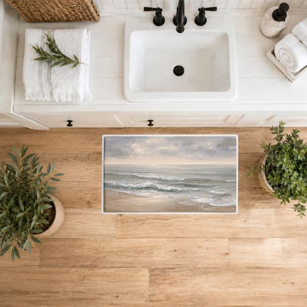 Rolling Waves Lapping Shore Printed Plush Bathroom Floor Mat, 30" x 18", Made in USA, Ready for Hanging, By Jacky Ngan