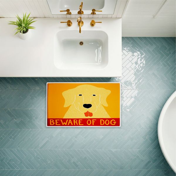 Beware Of Dog Greeting Printed Plush Bathroom Floor Mat, 30" x 18", Made in USA, Ready for Hanging, By Stephen Huneck