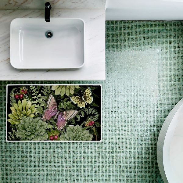 Dark Succulents Midnight Garden Printed Plush Bathroom Floor Mat, 30" x 18", Made in USA, Ready for Hanging, By Nicole Tamarin