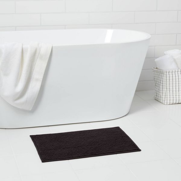 17"x24" Everyday Chenille Bath Rug Black - Room Essentials™: Machine Washable, Tufted Recycled Polyester, Non-Slip Backing