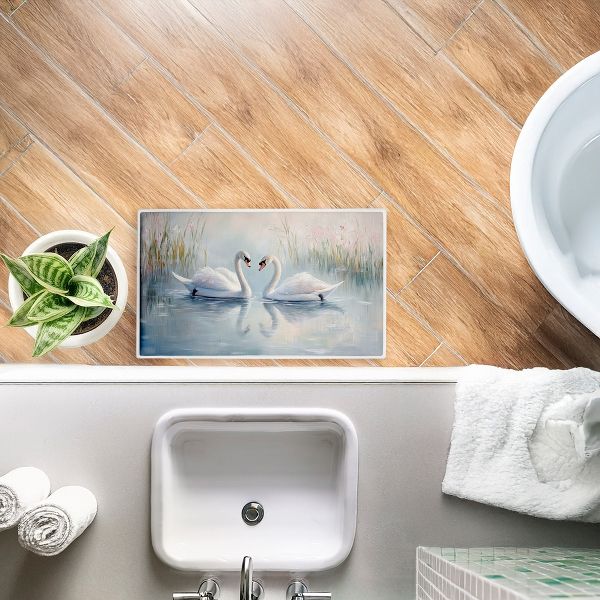 Twin Swan Reflections Printed Plush Bathroom Floor Mat, 30" x 18", Made in USA, Ready for Hanging, By Petals Prints Design