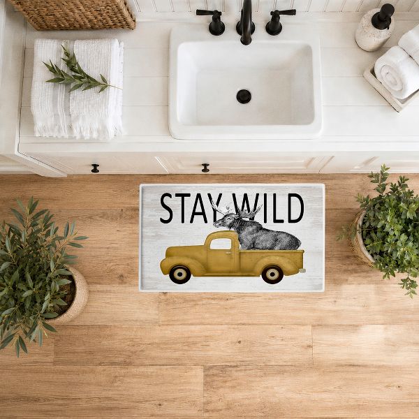 Stay Wild Moose Tailgate Printed Plush Bathroom Floor Mat, 30" x 18", Made in USA, Ready for Hanging, By Lettered and Lined