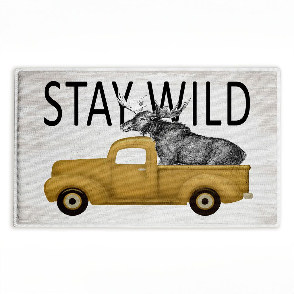 Stay Wild Moose Tailgate Printed Plush Bathroom Floor Mat, 30" x 18", Made in USA, Ready for Hanging, By Lettered and Lined